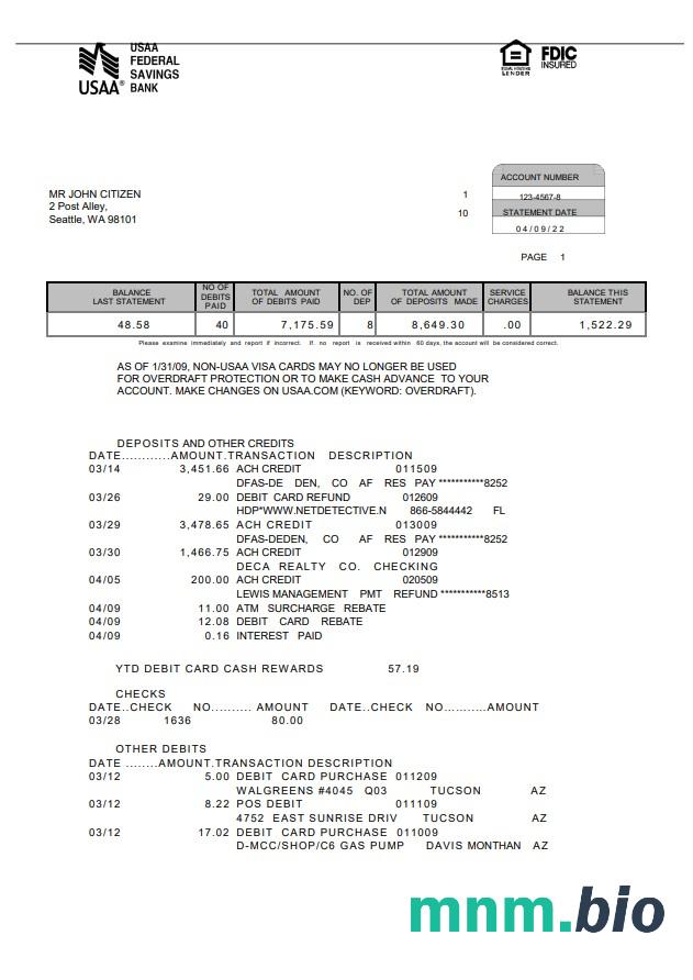 Szablon wyciągu z karty kredytowej USA USAA w programie Word i PDF